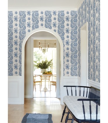 VP1302 - Beaumont Blue Floral Stripe Wallpaper-Jardin