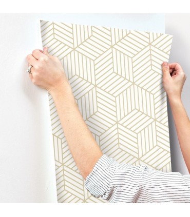 RMK10704WP - Peel and Stick Wallpaper-Striped Hexagon White and Gold