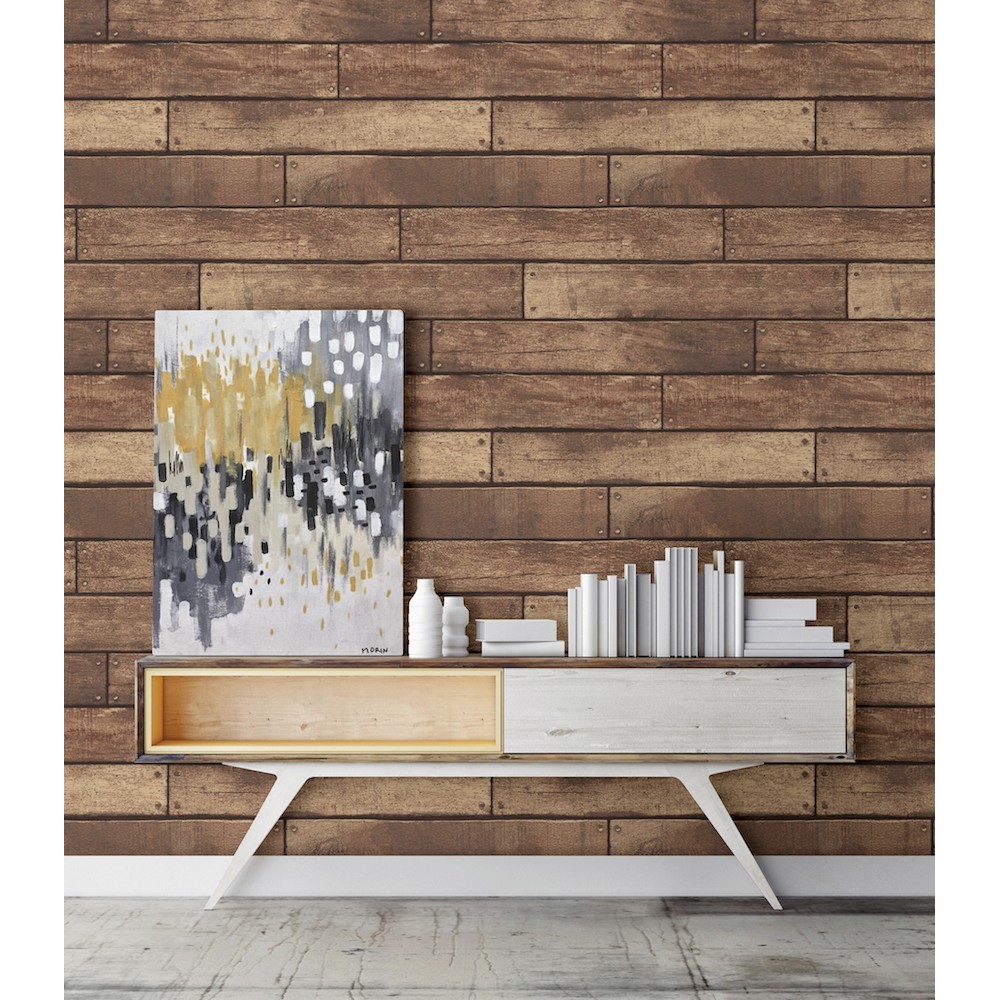 FD23277 - Brewster Essentials Wallpaper-Weathered Brown Nailhead Plank