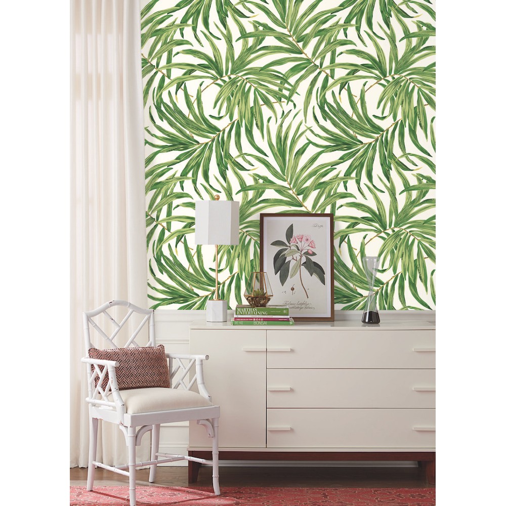 White/Green York Wallcoverings AT7050 Tropics Bali Leaves Wallpaper