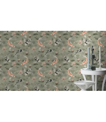 4035-409437 - Nobu Green Koi Fish Wallpaper by Advantage