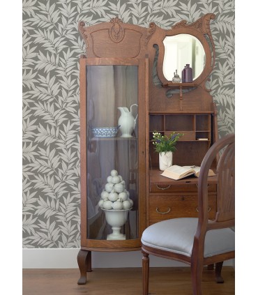 2970-26123 - Morris Dark Grey Leaf Wallpaper- by A Street