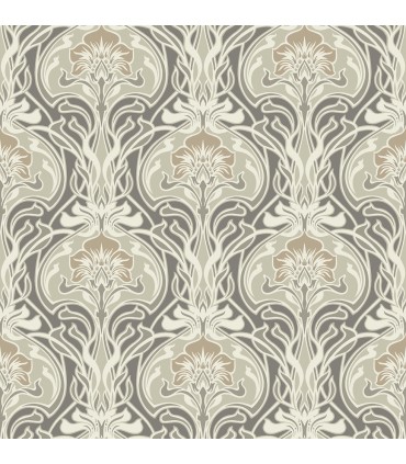 2970-26150 - Mucha Dark Grey Botanical Ogee Wallpaper- by A Street