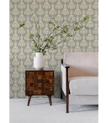 2970-26150 - Mucha Dark Grey Botanical Ogee Wallpaper- by A Street