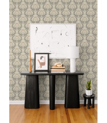 2970-26150 - Mucha Dark Grey Botanical Ogee Wallpaper- by A Street