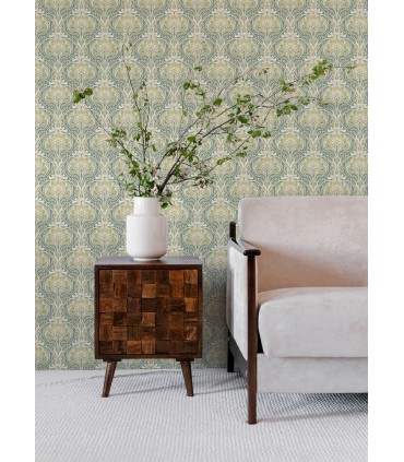 2970-26151 - Mucha Teal Botanical Ogee Wallpaper- by A Street