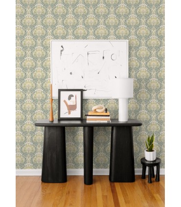 2970-26151 - Mucha Teal Botanical Ogee Wallpaper- by A Street