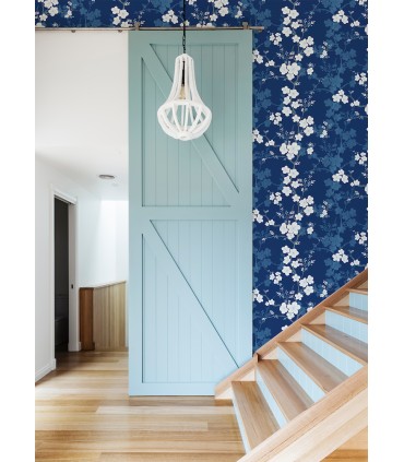 2973-90104 - Nicolette Navy Floral Trail Wallpaper by A Street