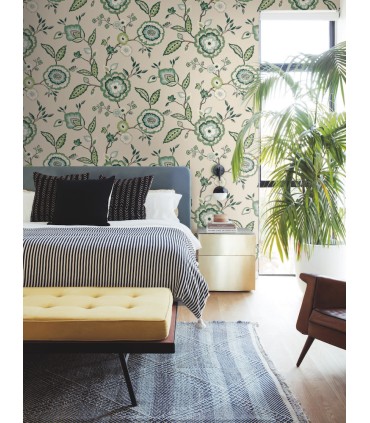 GO8233 - Dahlia Blooms Linen/Jade Wallpaper- Greenhouse by York