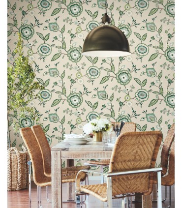 GO8233 - Dahlia Blooms Linen/Jade Wallpaper- Greenhouse by York