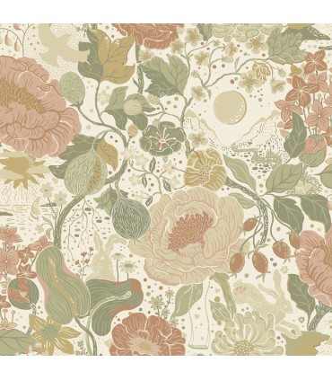 4111-63012 -Vaxa Green Rabbits & Rosehips Wallpaper by A Street