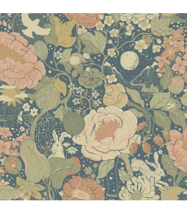 4111-63013 -Vaxa Teal Rabbits & Rosehips Wallpaper by A Street
