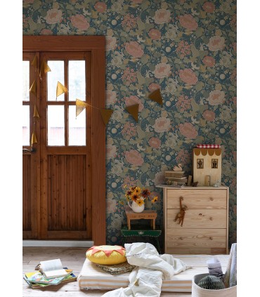 4111-63013 -Vaxa Teal Rabbits & Rosehips Wallpaper by A Street