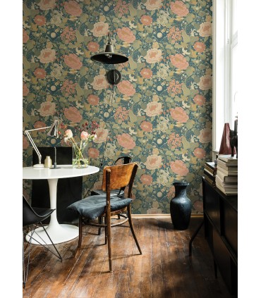 4111-63013 -Vaxa Teal Rabbits & Rosehips Wallpaper by A Street