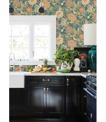 4111-63013 -Vaxa Teal Rabbits & Rosehips Wallpaper by A Street