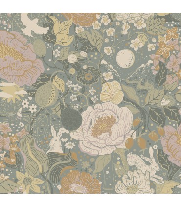 4111-63016 -Vaxa Slate Rabbits & Rosehips Wallpaper by A Street