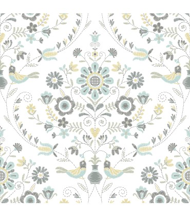 4066-26510 - Britt Sea Green Embroidered Damask Wallpaper by A Street