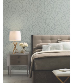 MD7124 - Green and Silver Trees Silhouette Wallpaper- Modern Metals 2