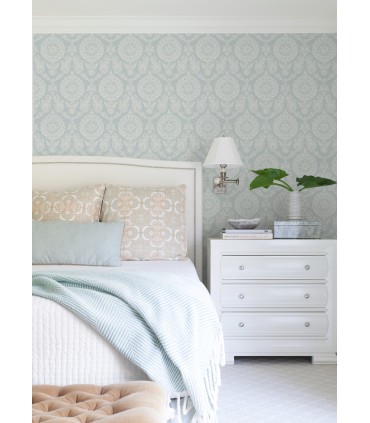 4071-71023 - Helm Damask Aqua Floral Medallion Wallpaper-Blue Heron