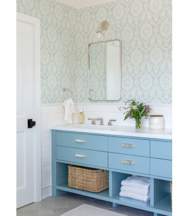 4071-71023 - Helm Damask Aqua Floral Medallion Wallpaper-Blue Heron