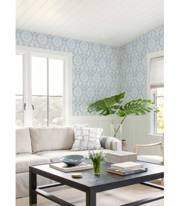 4071-71019 - Helm Damask Blue Floral Medallion Wallpaper-Blue Heron