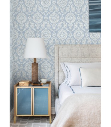 4071-71019 - Helm Damask Blue Floral Medallion Wallpaper-Blue Heron