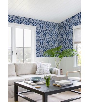 4071-71018 - Helm Damask Navy Floral Medallion Wallpaper-Blue Heron