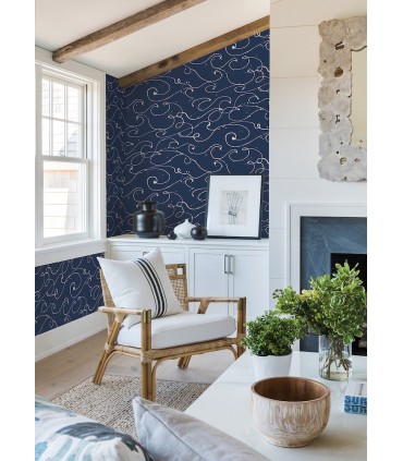 4071-71004 - Kuroshio Navy Ocean Wave Wallpaper-Blue Heron