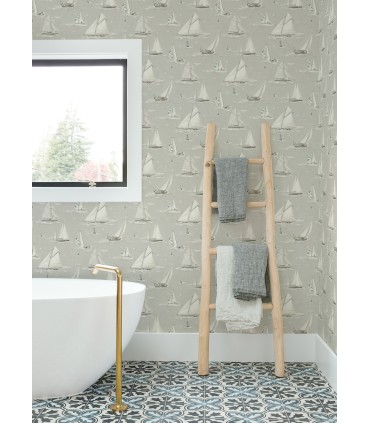 4071-71036 - Leeward Grey Sailboat Wallpaper-Blue Heron