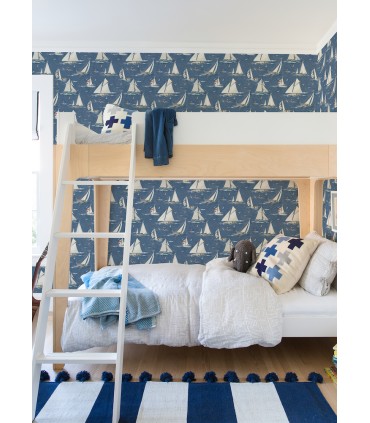 4071-71035 - Leeward Navy Sailboat Wallpaper-Blue Heron