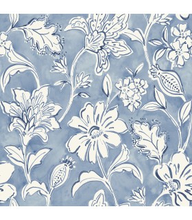 4071-71040 - Plumeria Blue Floral Trail Wallpaper-Blue Heron