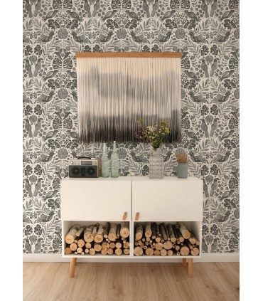 4122-27004 - Nestle Charcoal Bird Block Print Wallpaper-Terrace