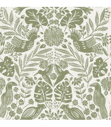 4122-27005 - Nestle Green Bird Block Print Wallpaper-Terrace