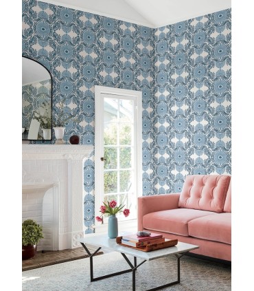 4122-72401 - Villa Blue Embellished Ogee Wallpaper-Terrace