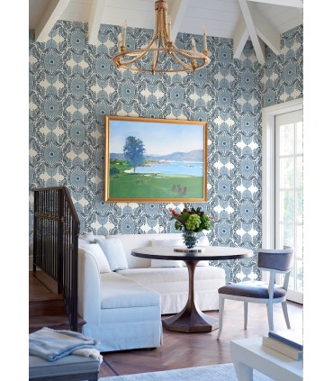 4122-72401 - Villa Blue Embellished Ogee Wallpaper-Terrace
