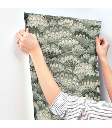 4147-27377 - Octavia Dark Green Marbled Ink Wallpaper-Haberdashery by A Street