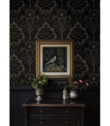 4147-87391 - Shadow Black Flocked Damask Wallpaper-Haberdashery by A Street