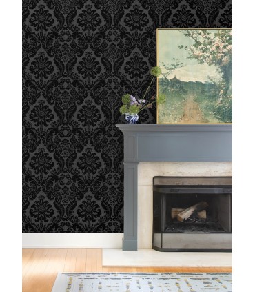 4147-87391 - Shadow Black Flocked Damask Wallpaper-Haberdashery by A Street