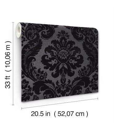 4147-87391 - Shadow Black Flocked Damask Wallpaper-Haberdashery by A Street