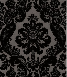 4147-87391 - Shadow Black Flocked Damask Wallpaper-Haberdashery by A Street