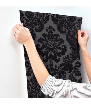 4147-87391 - Shadow Black Flocked Damask Wallpaper-Haberdashery by A Street