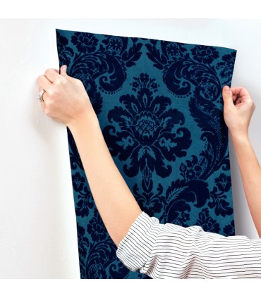 4147-87310 - Shadow Blue Flocked Damask Wallpaper-Haberdashery by A Street