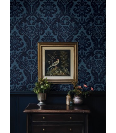 4147-87310 - Shadow Blue Flocked Damask Wallpaper-Haberdashery by A Street