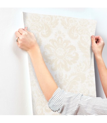 4147-87390 - Shadow Cream Flocked Damask Wallpaper-Haberdashery by A Street