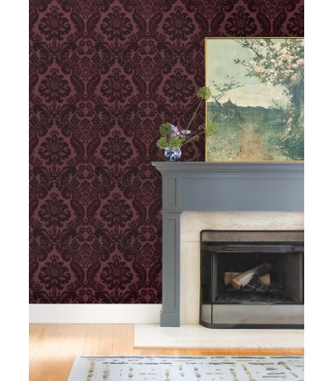 4147-87315 - Shadow Merlot Flocked Damask Wallpaper-Haberdashery by A Street