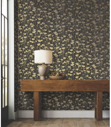ZA8066 - Shimmering Poppies Black & Gold Wallpaper-Tea Garden 2