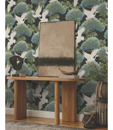 AF6593 - Sprig & Heron Black Wallpaper-Tea Garden 2