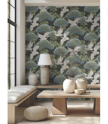 AF6593 - Sprig & Heron Black Wallpaper-Tea Garden 2