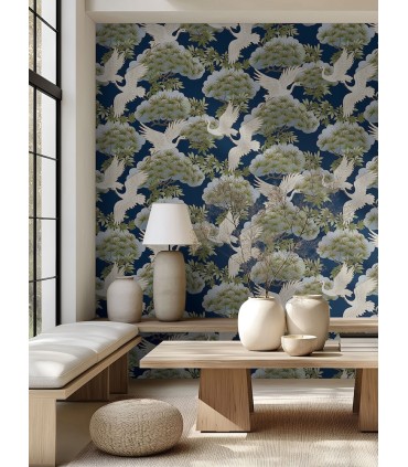 ZA8007 - Sprig & Heron Navy Wallpaper-Tea Garden 2