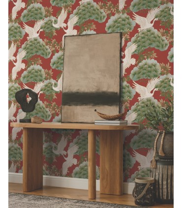 ZA8006 - Sprig & Heron Red Wallpaper-Tea Garden 2